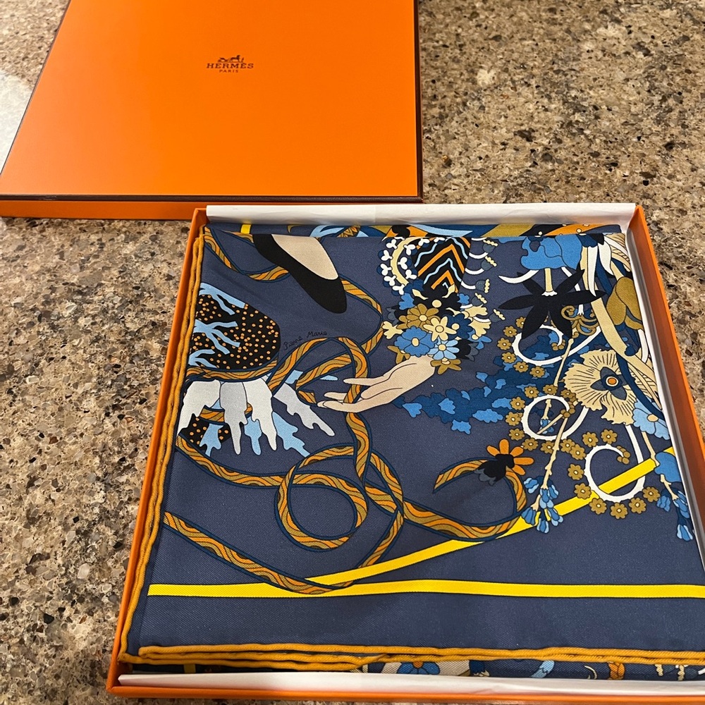 Hermes Navy & Yellow Silk  Square scarf Authentic